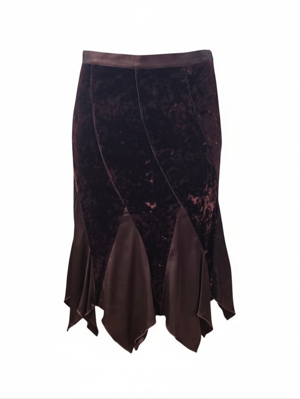 Bebe Brown Velvet Silk Contrast Midi Skirt Size Small Paneled Asymmetric Hem